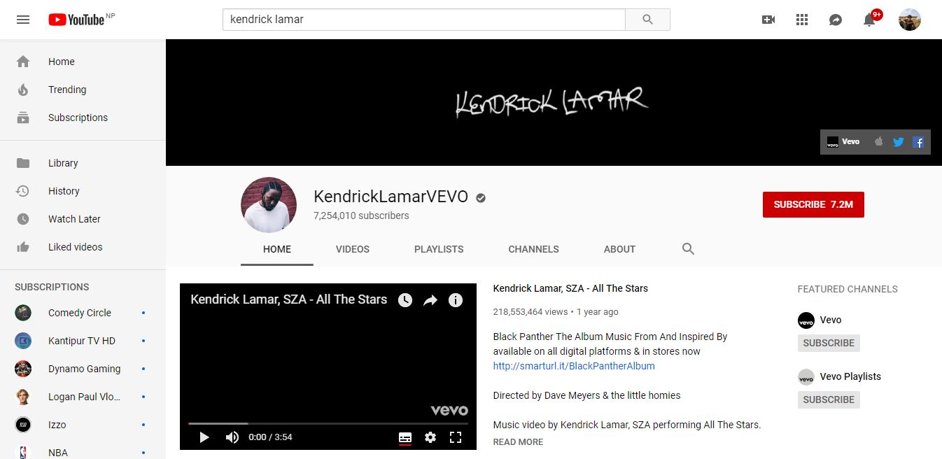 A picture of Kendrick Lamar's YouTube Channel.